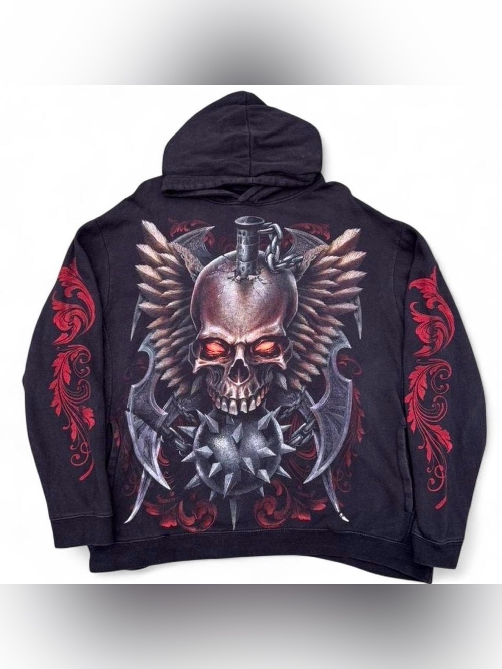 Black Graphic Skull Hoodie with Red Accents